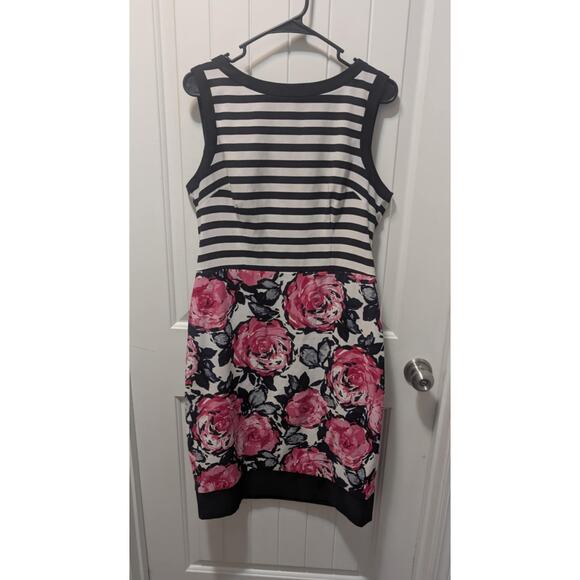 London Times Black Ivory Pink Stripe Rose Print Belt Work Summer Dress Size 12 - Picture 1 of 8